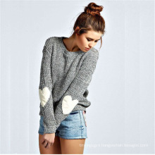Women's Cute Heart Pattern Patchwork Casual Long Sleeve Round Neck Knits Sweater Pullover